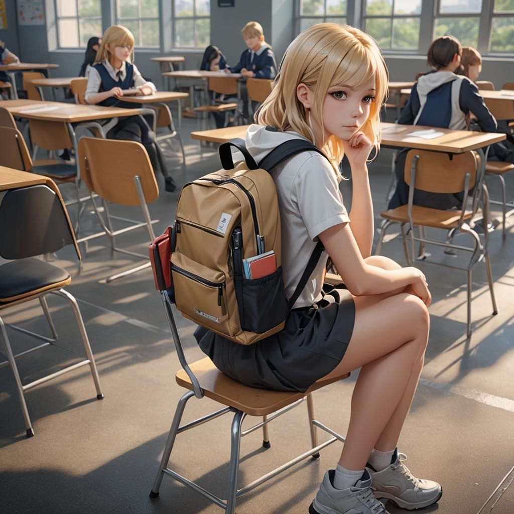 Blonde Girl in School Chair: 3D Anime Art