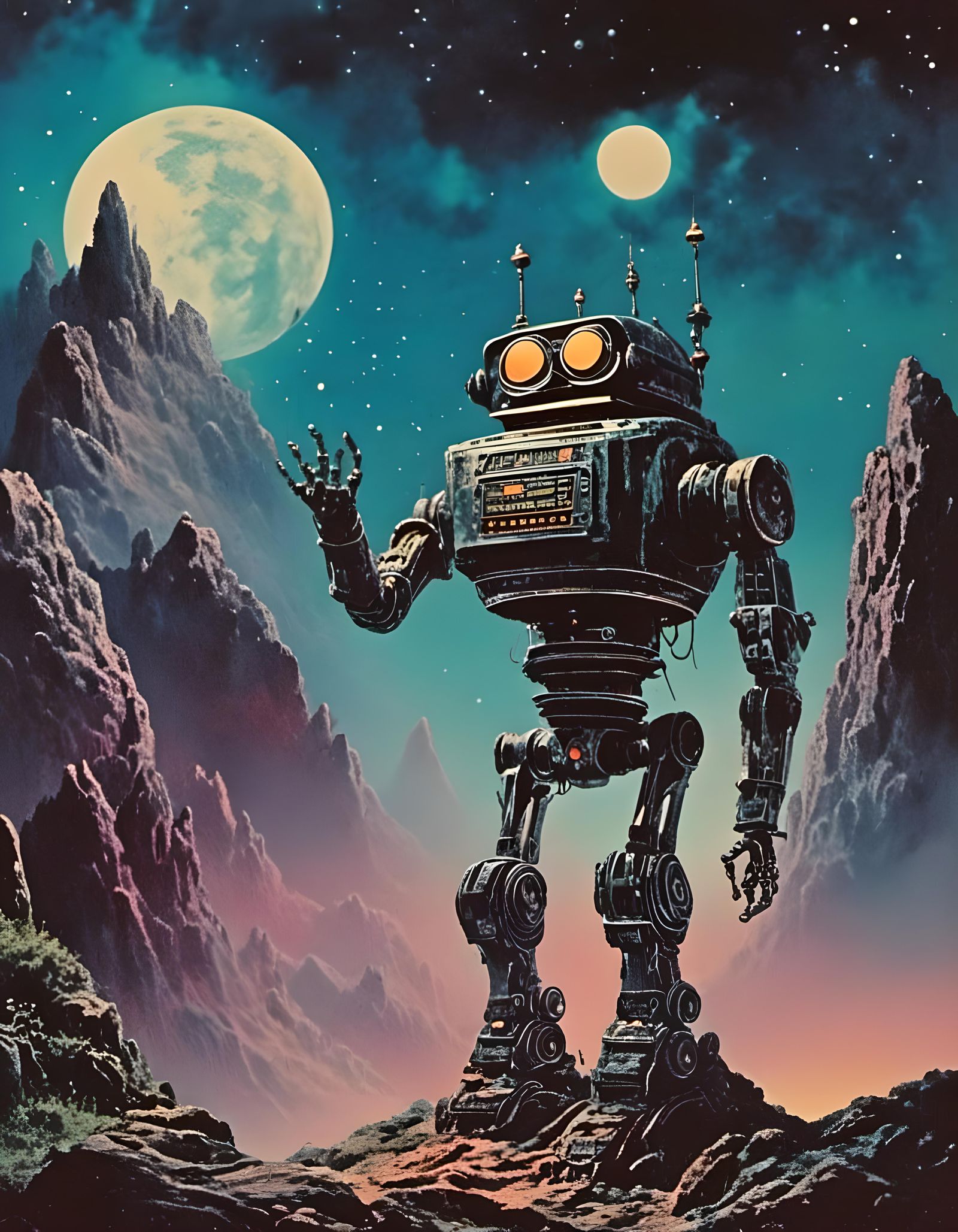 Grainy 70s Space Robot on Cloudy Night