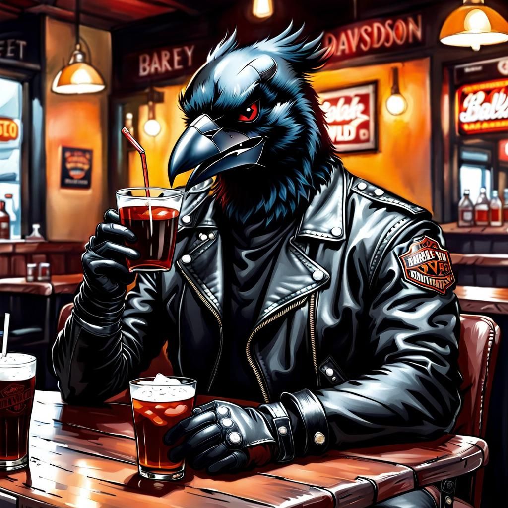 Biker Crow Cartoon in Pen and Ink Style