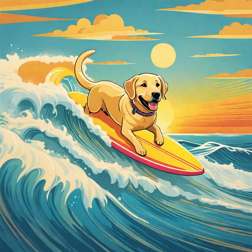Happy Labrador Surfing at Sunset Illustration