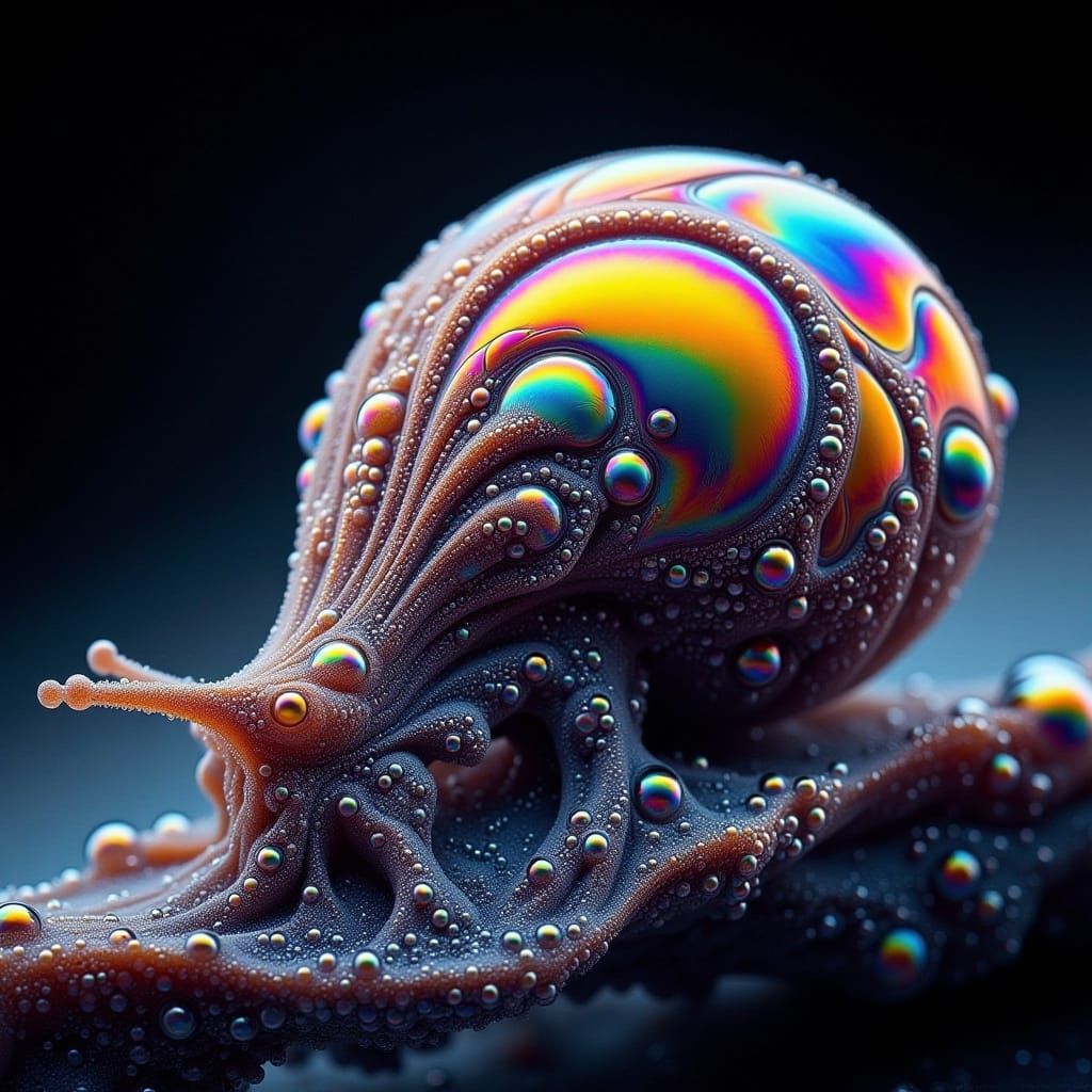 Iridescent Snail on Leaf in Bubbly Style