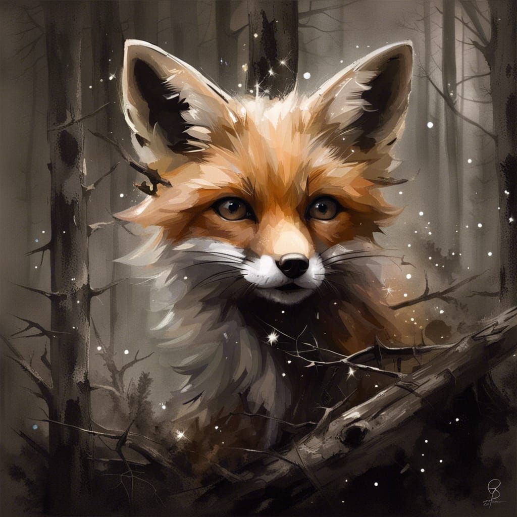 Detailed Ink Painting of Fox Cub in Forest