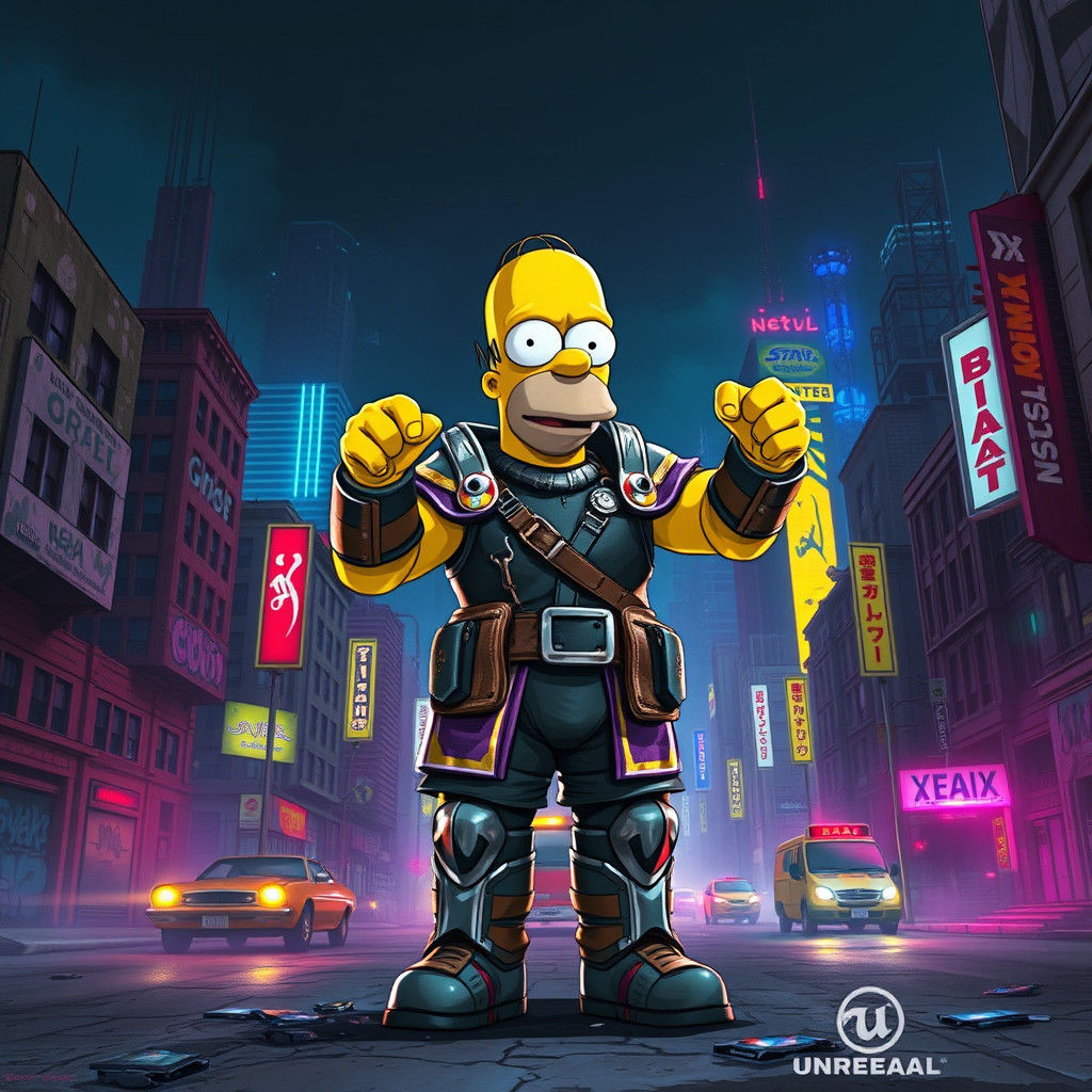 Cyberpunk Homer Simpson in Dystopian Cityscape