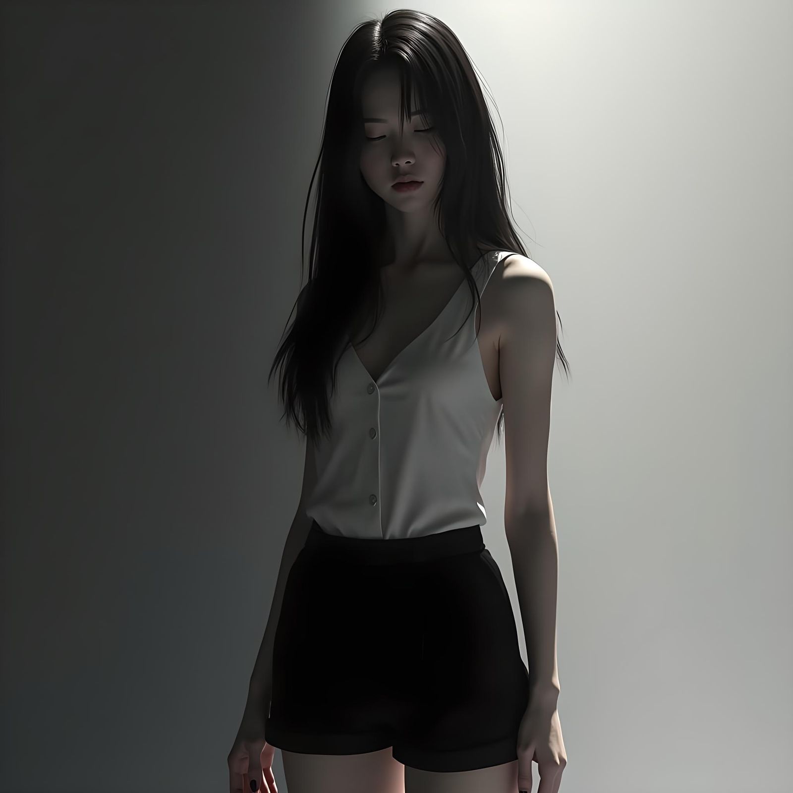 Monochrome Portrait of Girl in Shorts, Detailed Matte Painti...