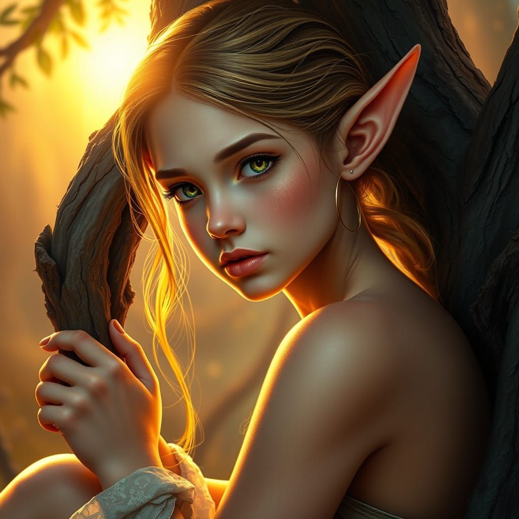 Serene Elf Maiden in Sunset Glow