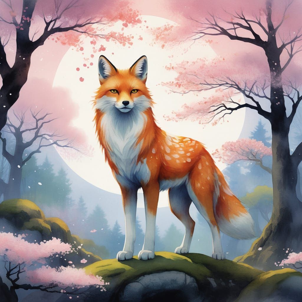 Majestic Nine-Tailed Fox Spirit in Mystical Cherry Blossom F...