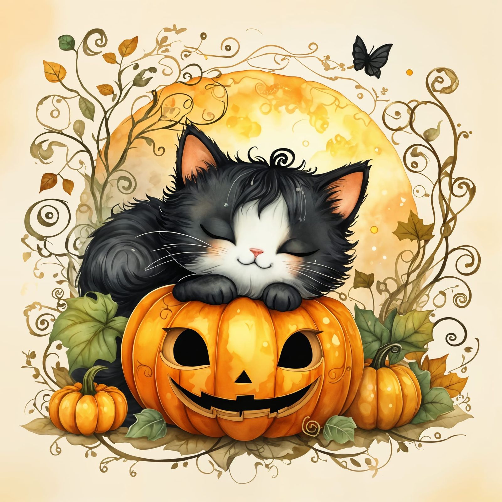 Chibi Pumpkin with Kitten in Fairy Tale Frame