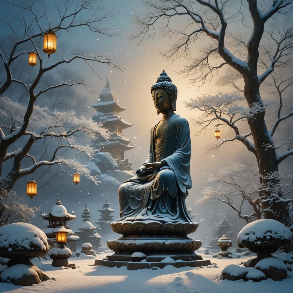 Snowy Zen Garden: Eastern-Inspired Buddhist Statue