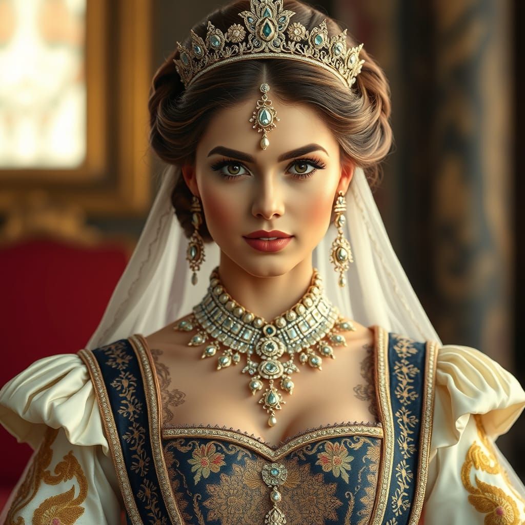 Regal Princess in Opulent Royal Garb with Intricate Embroide...