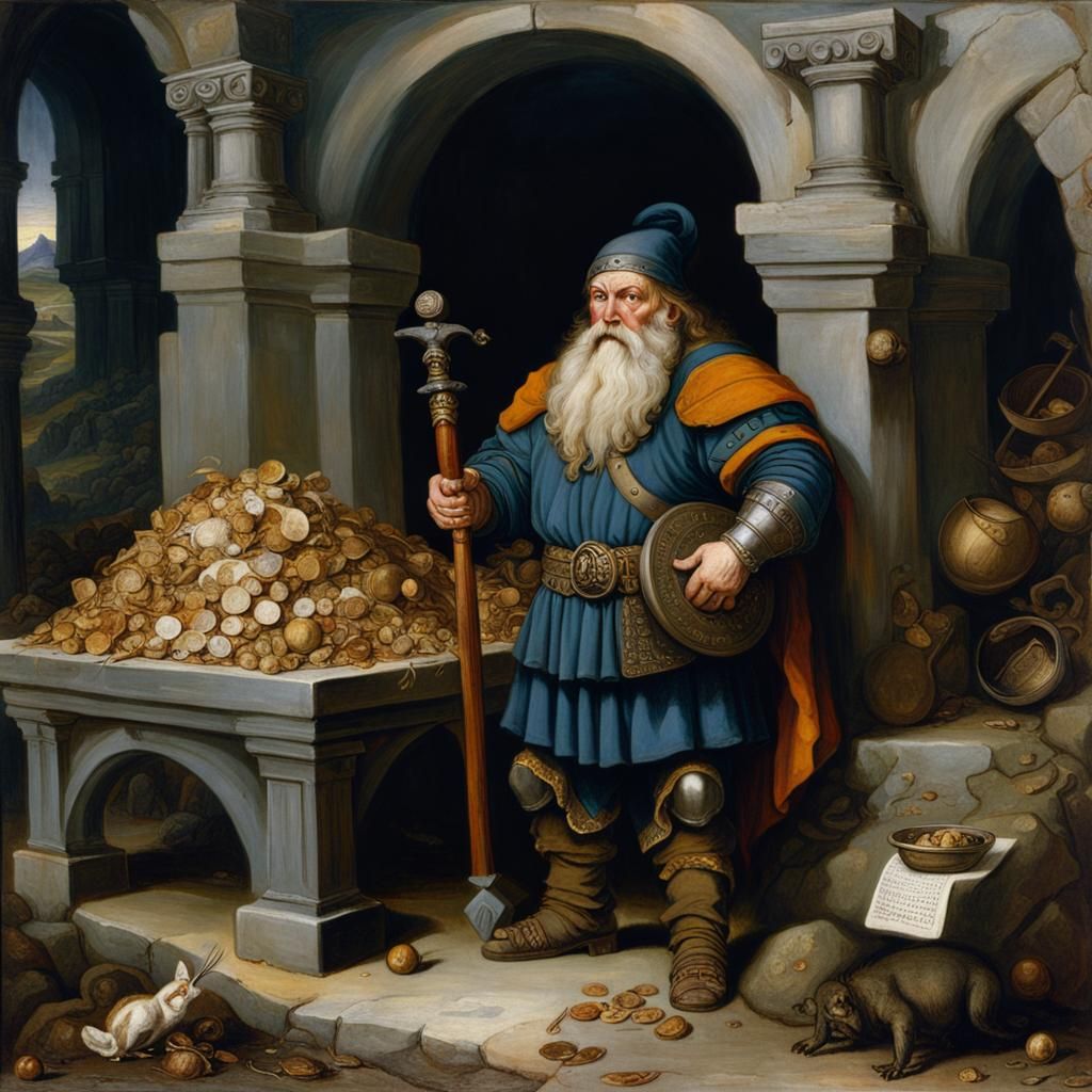 The dwarf Alberich guarding the Nibelung's treasure