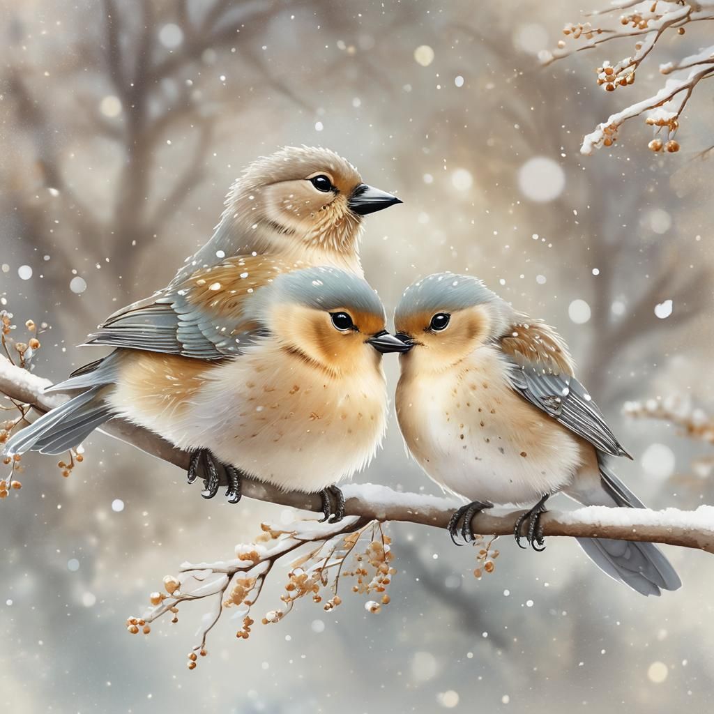 Birds Snuggling on Snowy Branch in Watercolor Style