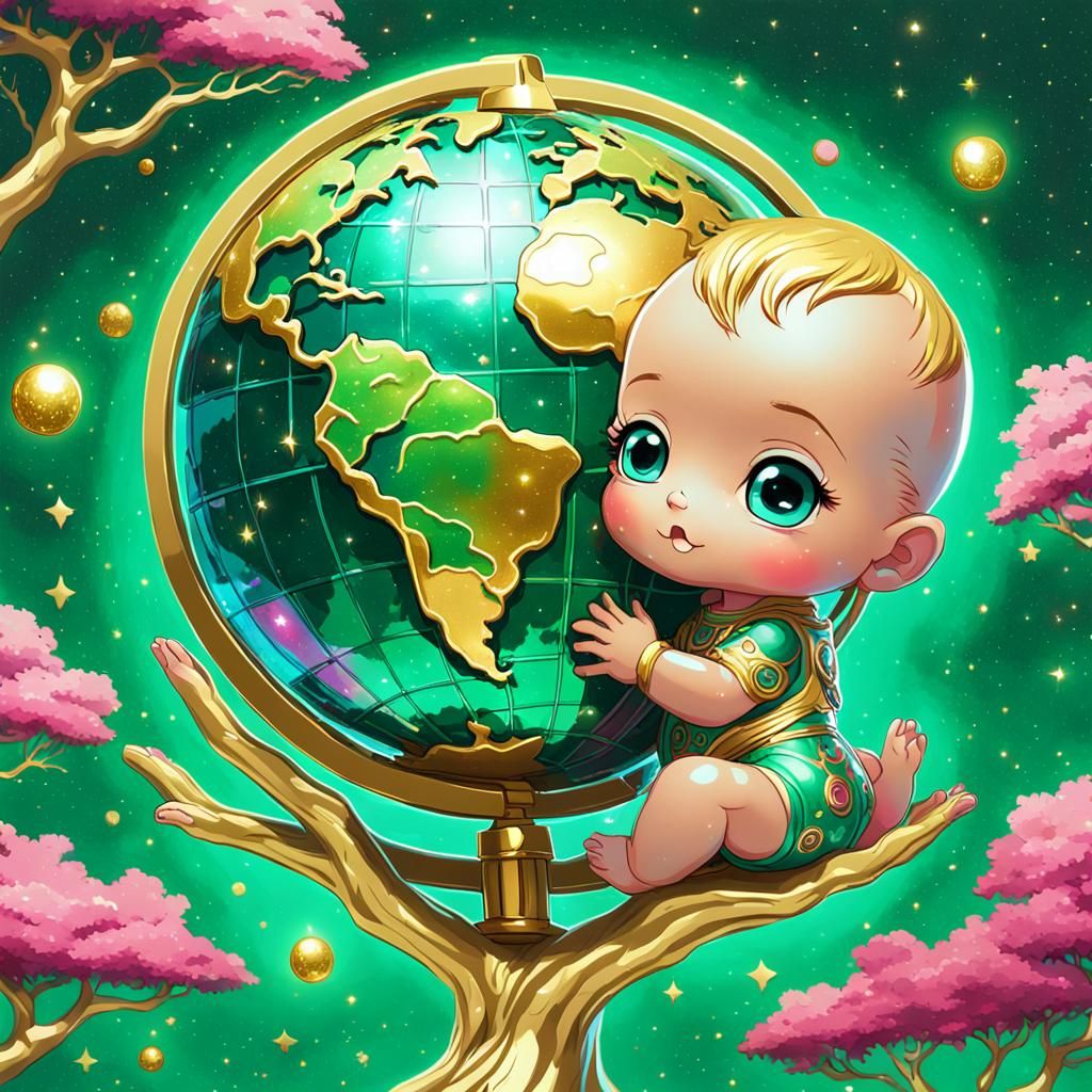 Radiant Chibi Baby with Globe: Futuristic Anime Art