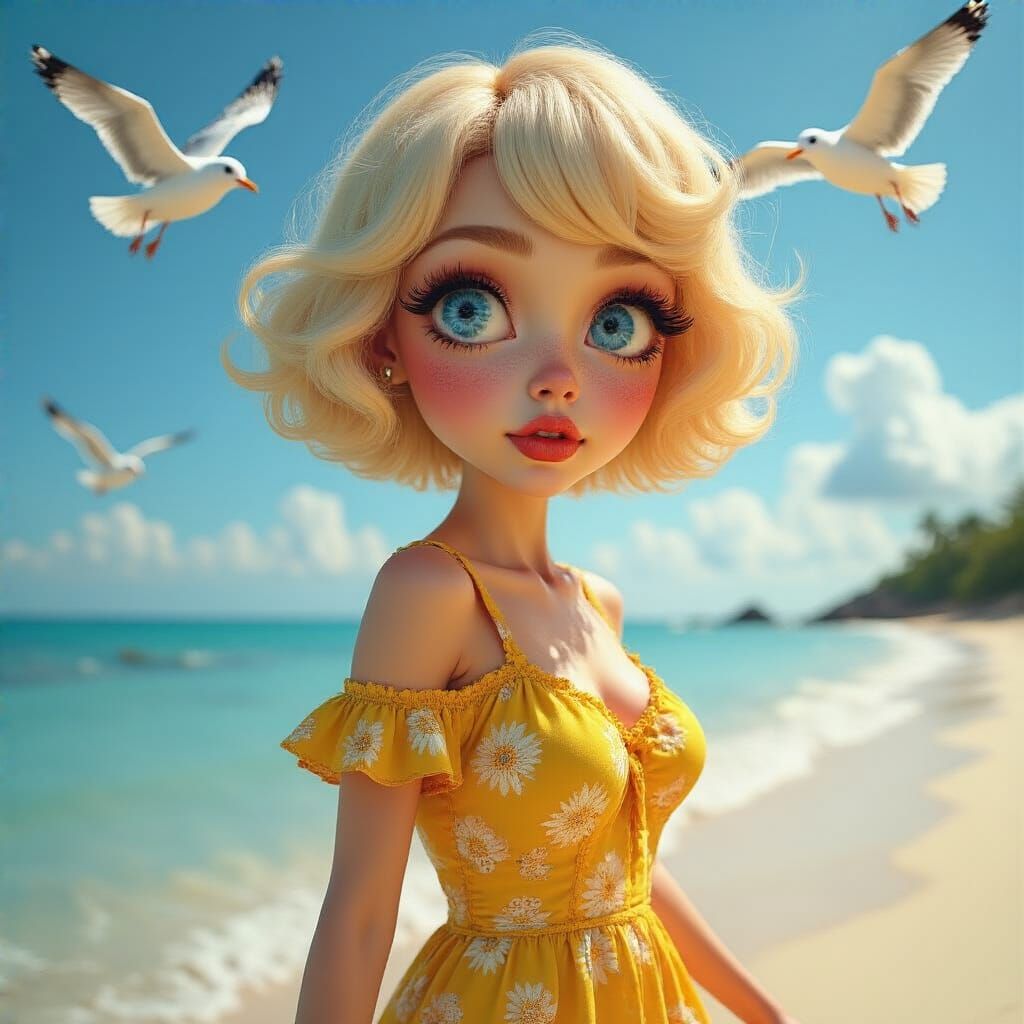 Blonde Woman on Tropical Beach in Hyperrealistic Style