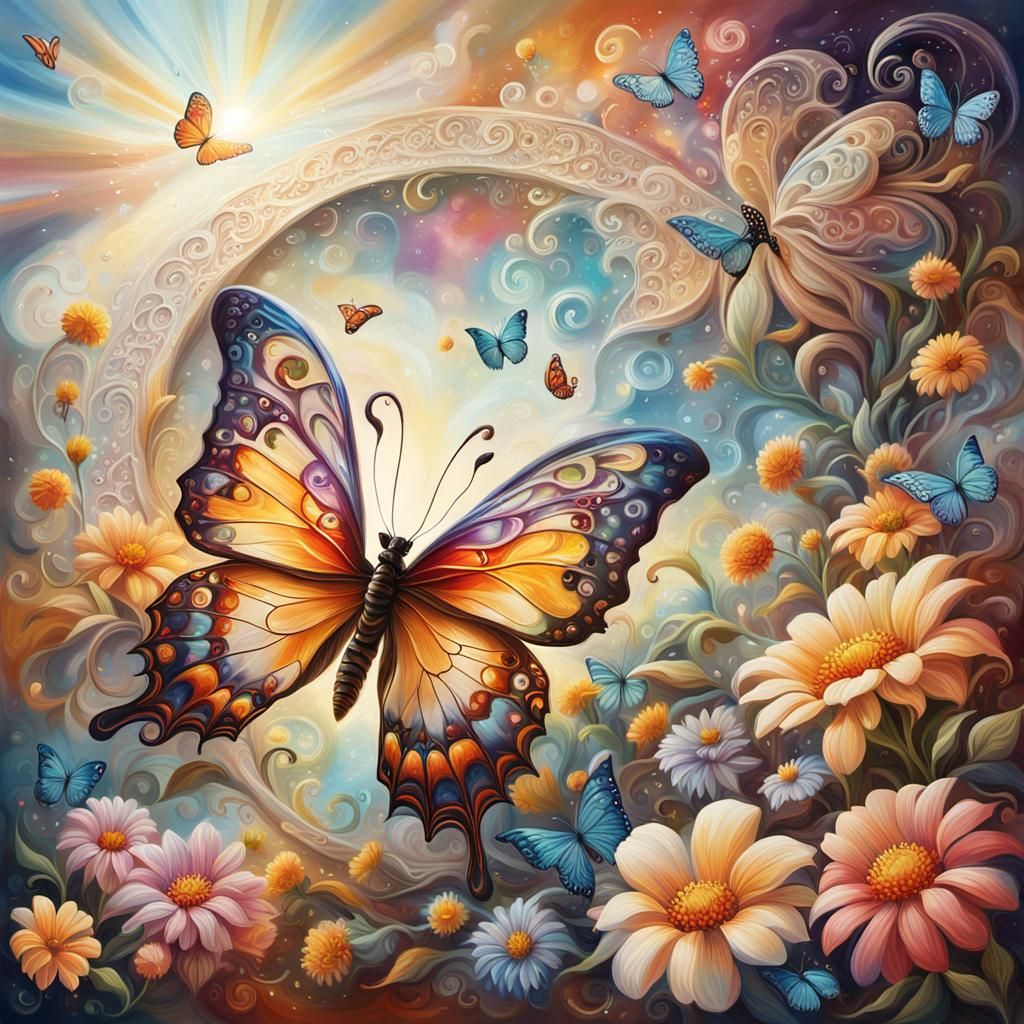 Boho Butterfly Oil Painting with Filigree Details