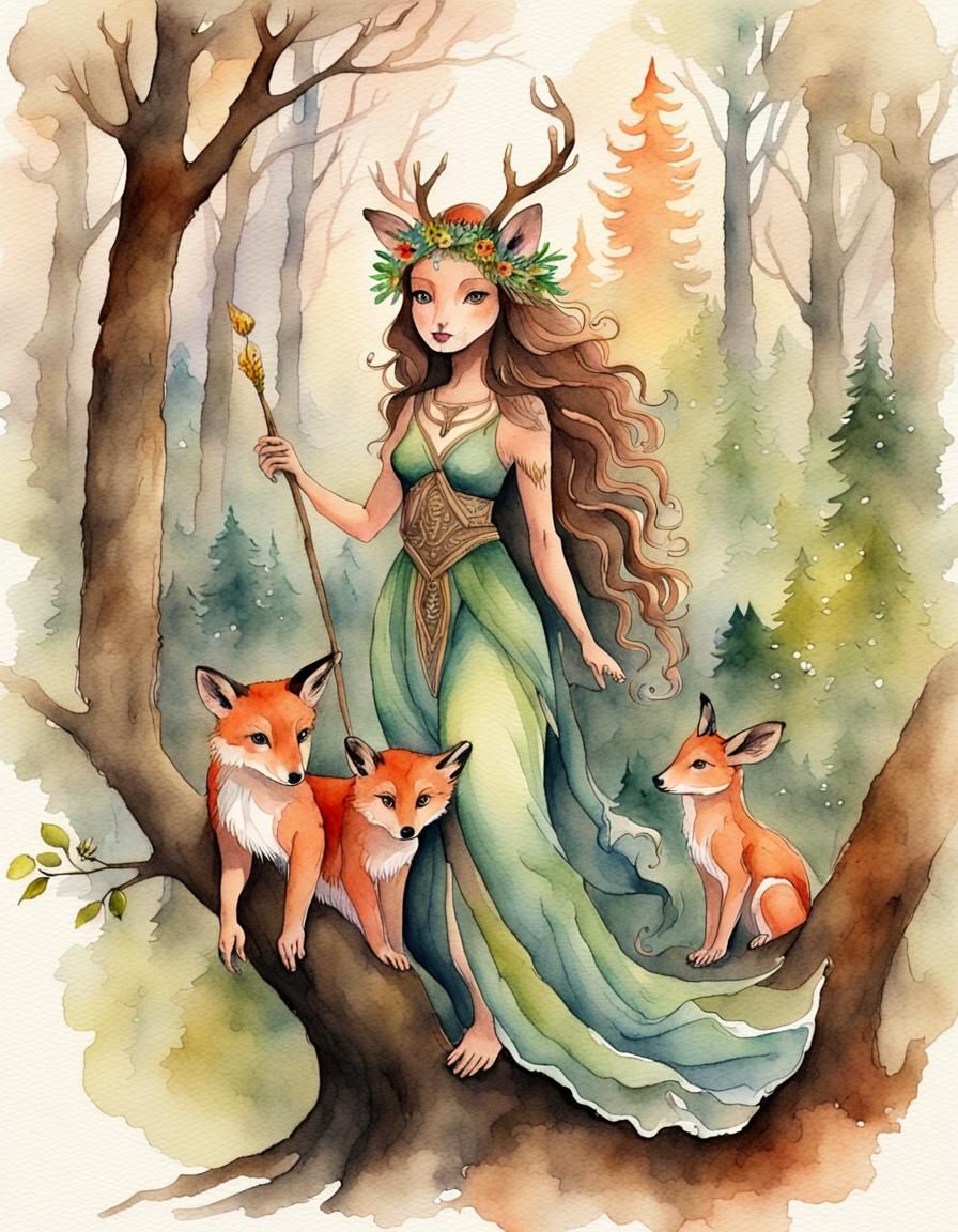 Woodland Animal Goddess Watercolor Illustration