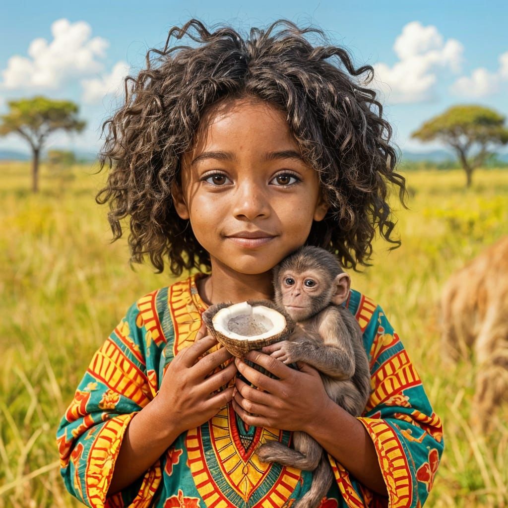 Boy Feeds Monkey Coconut in Africa