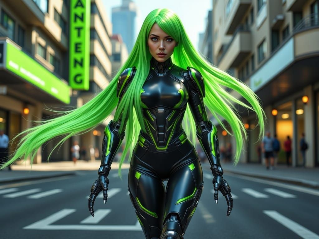 Futuristic Woman Patrolling Sci-Fi Cityscape