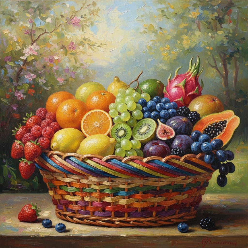 Vibrant Rainbow Basket of Fruit in Oil Painting Style