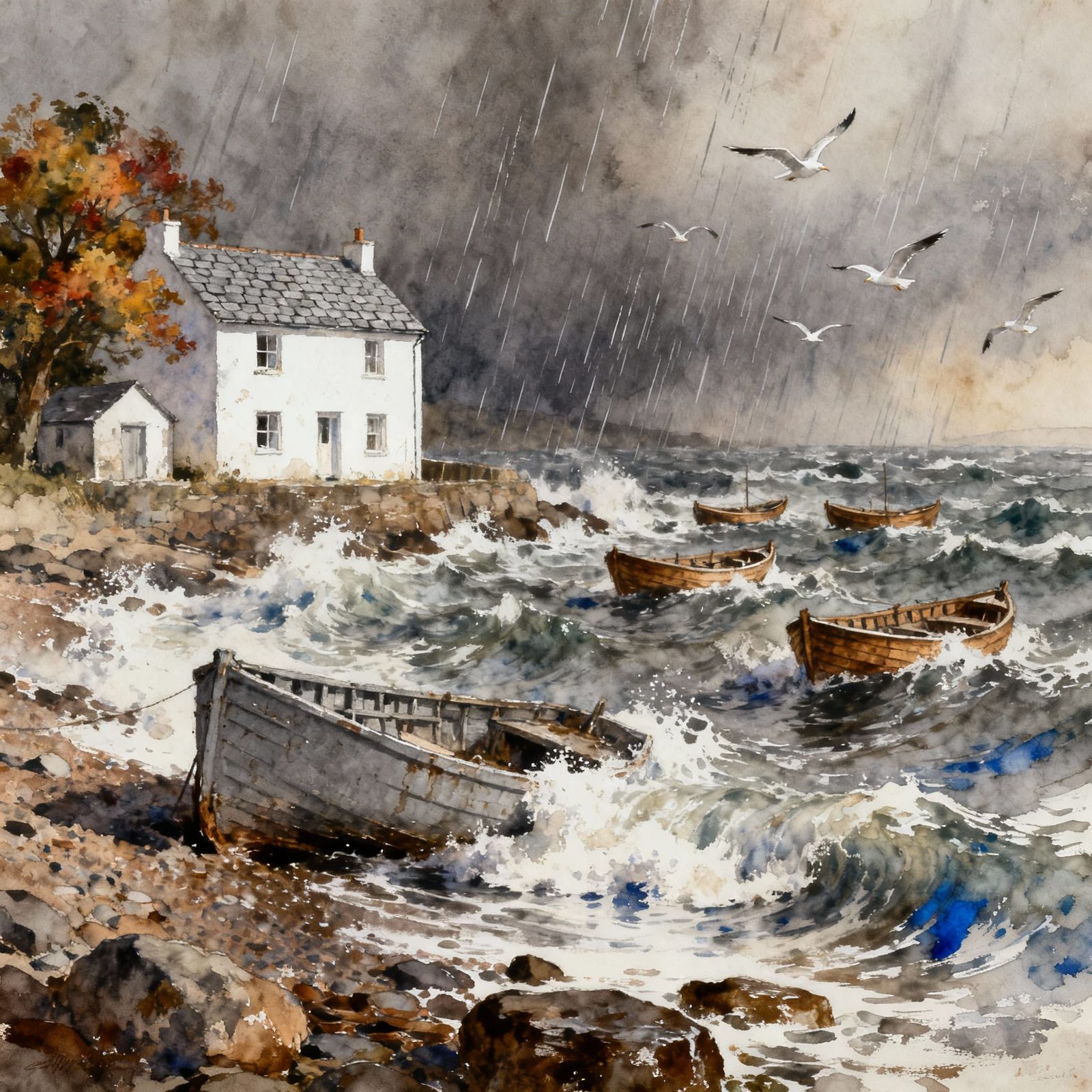 Dilapidated Rowboat on Rocky Shore in Autumn Storm