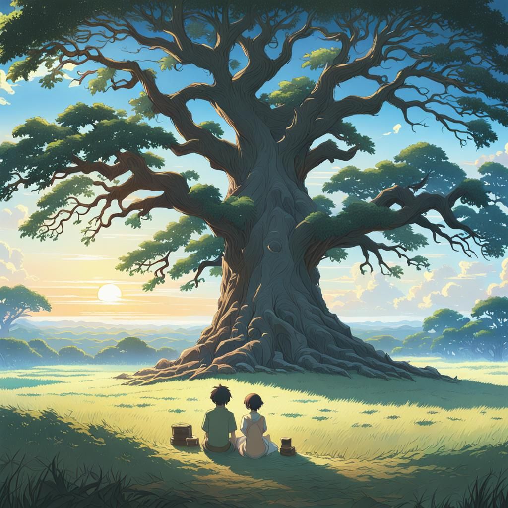 Children Admiring Sunrise Under Giant Oak, Anime Style