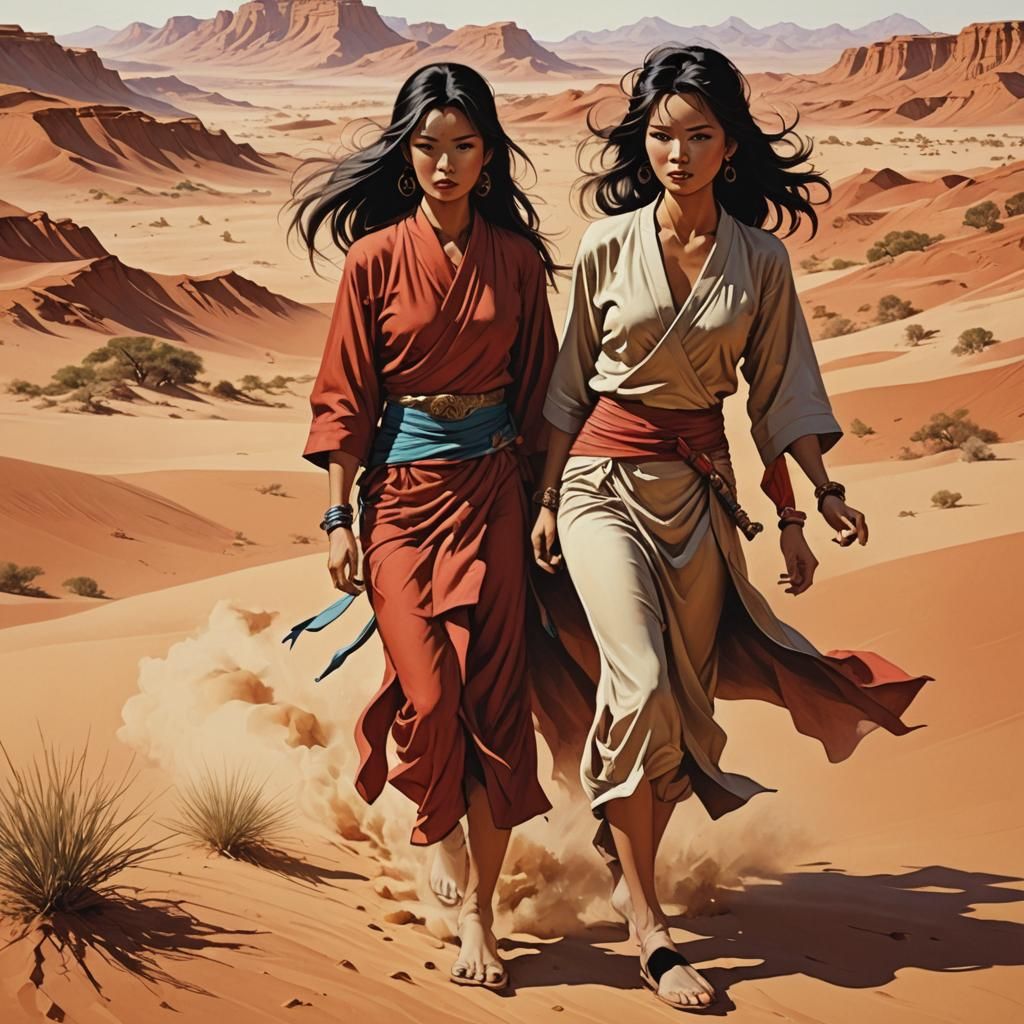 Asian Woman in Desert Landscape, Comic Art