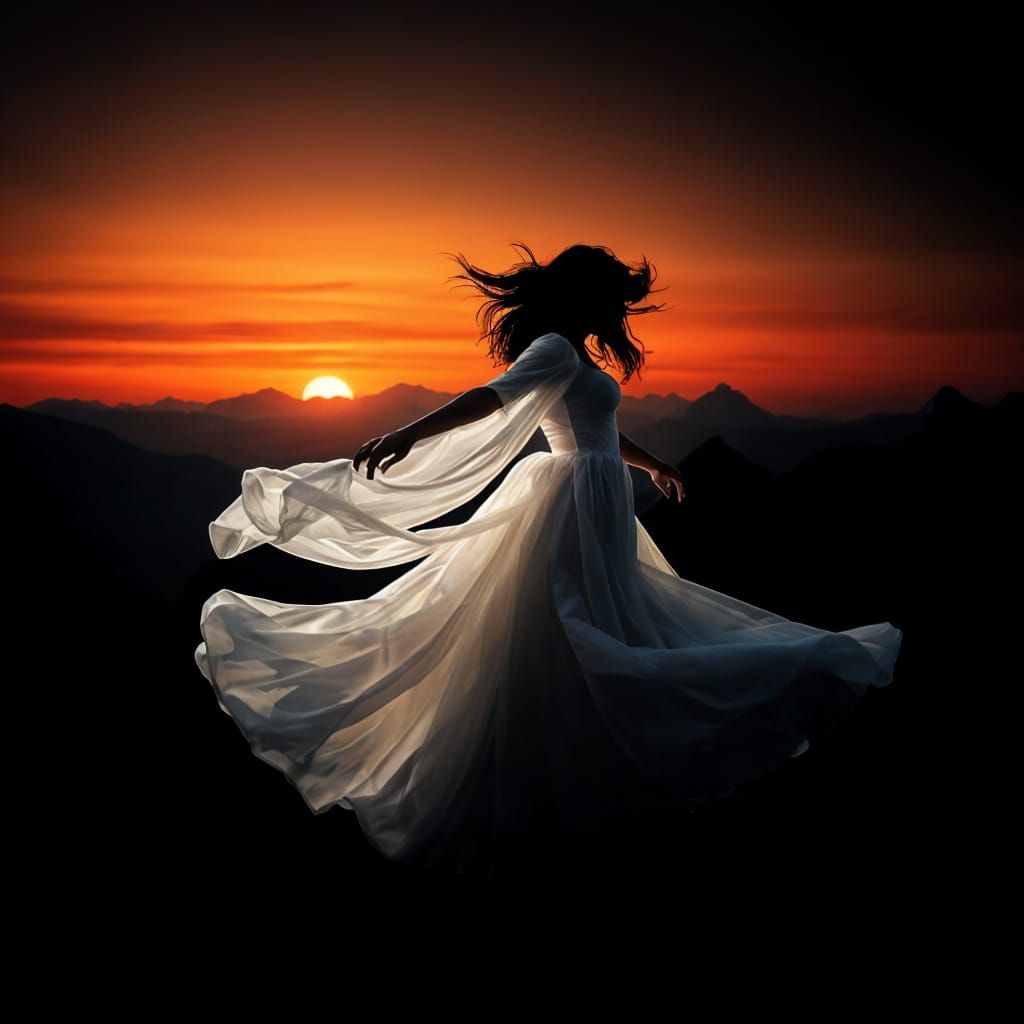 Ethereal Sunset Dancer Illuminates Mountain Peaks