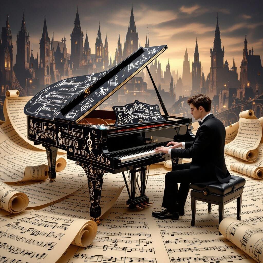 Pianist Plays Ornate Piano on Sheet Music Sea