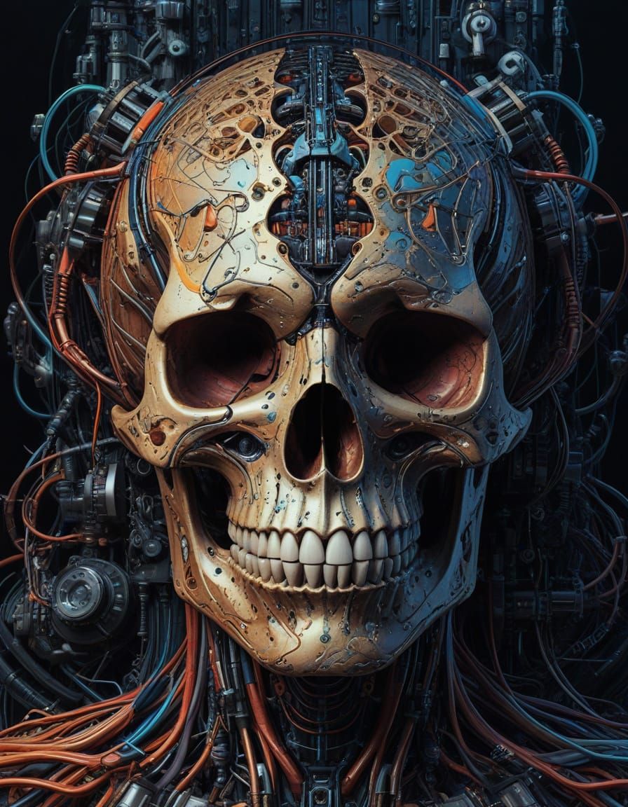 Glowing Cyberpunk Skull in Oil Painting Style