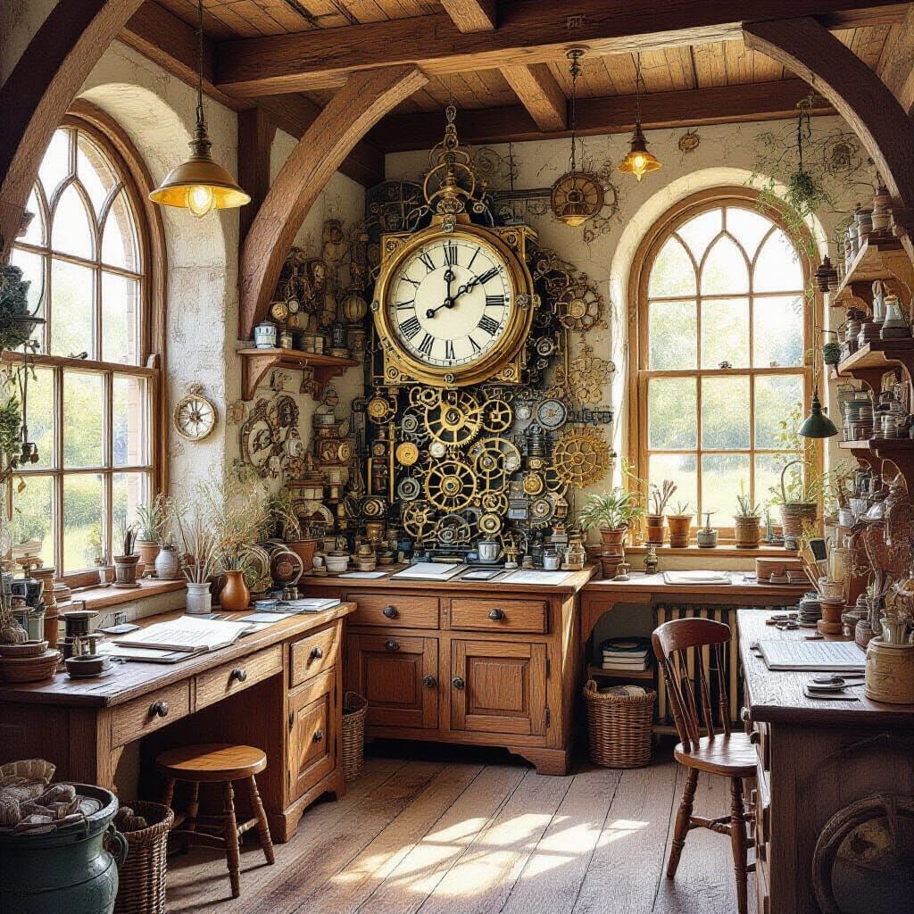 Charming Clockwork Shop in Whimsical Fantasy Style