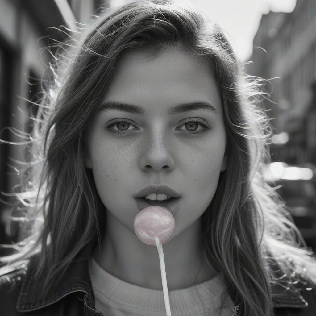 Hyper-Realistic Girl Blowing Bubblegum in the Street