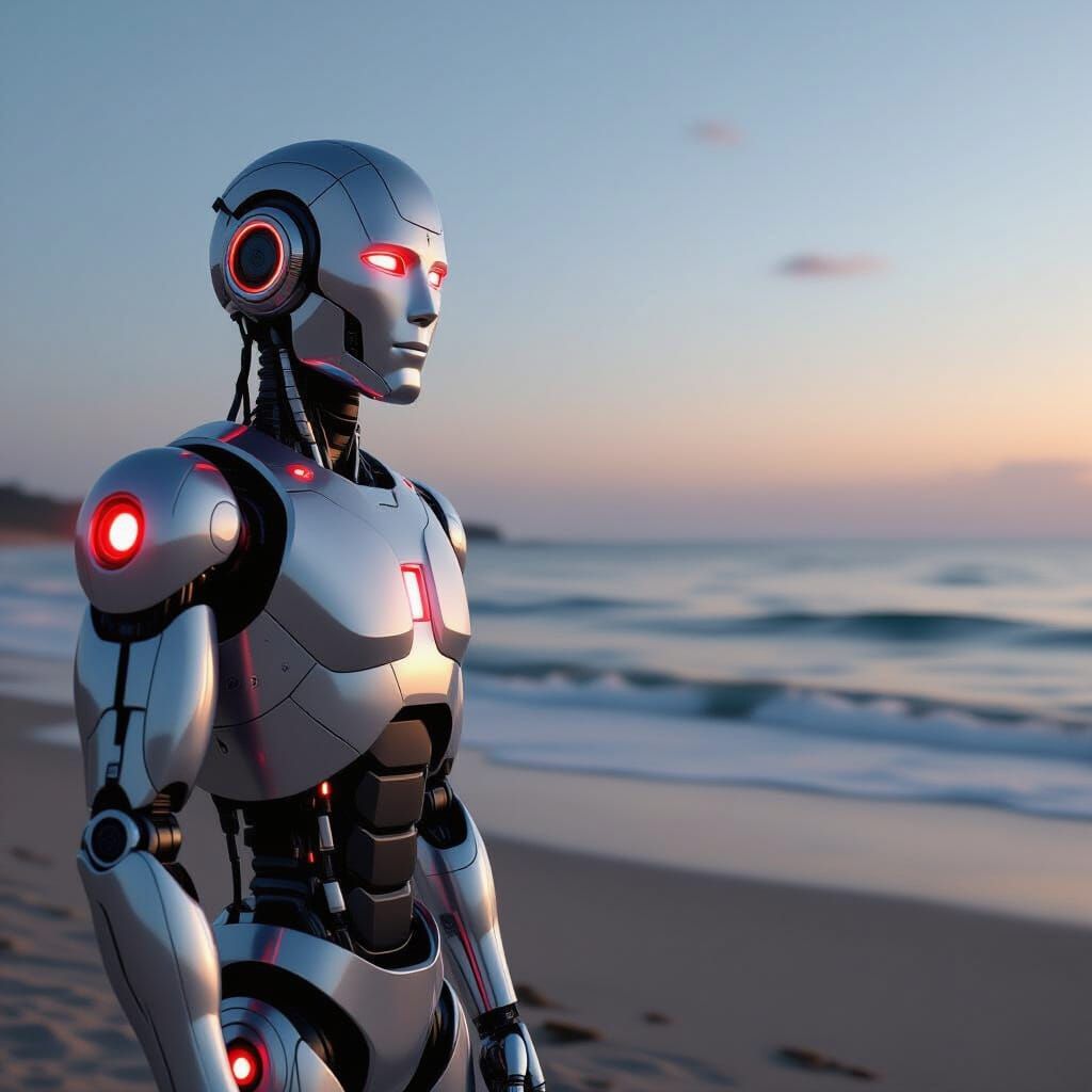Lonely Robot Contemplates the Cosmos on a Beach
