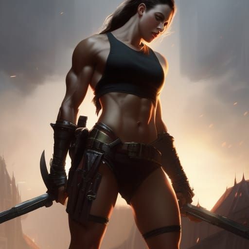 Fantasy Art: Muscular College Girl in Dark Setting