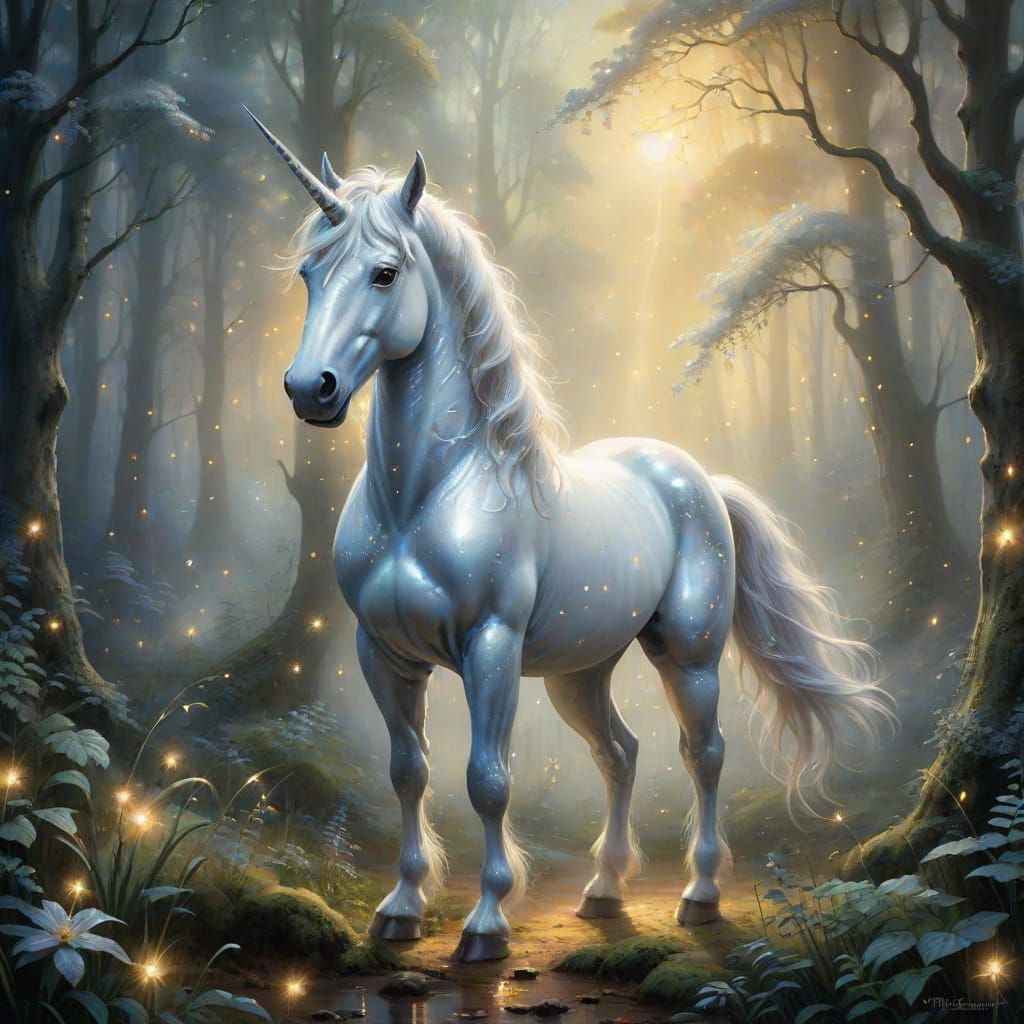 Silvery Unicorn in Magical Forest Oil Painting