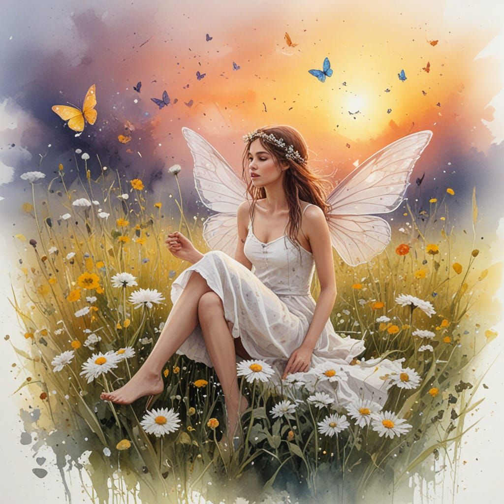 Fairy Flying Among Wildflowers at Sunset in Watercolour Styl...