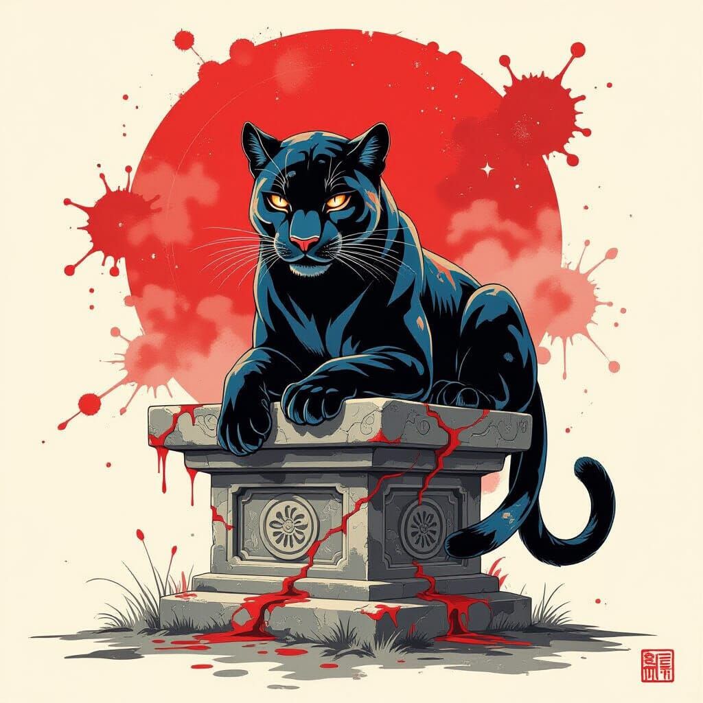 Galactic Panther on Ancient Altar in Ink Style
