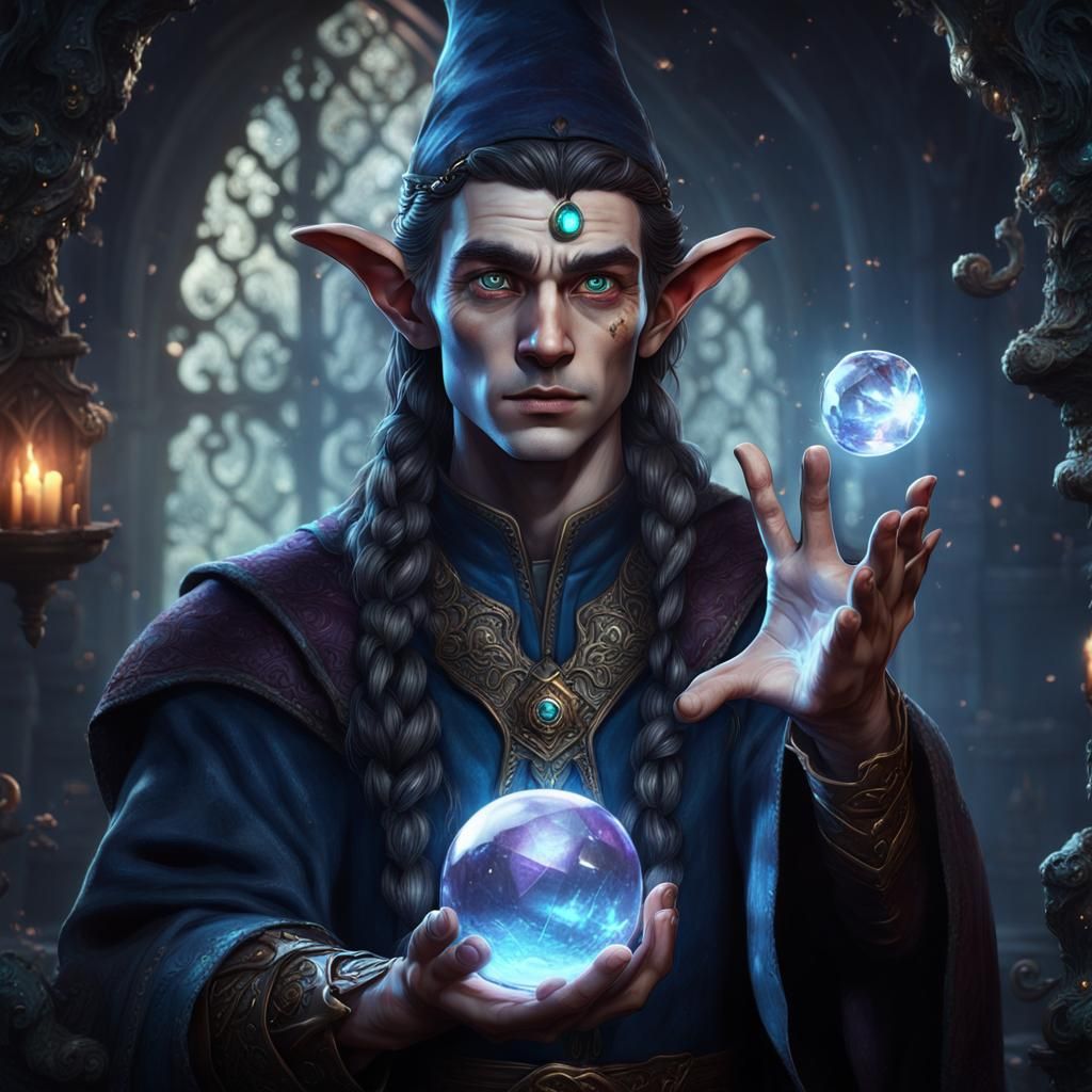 Cursed Elf Divination Wizard with Crystal Ball