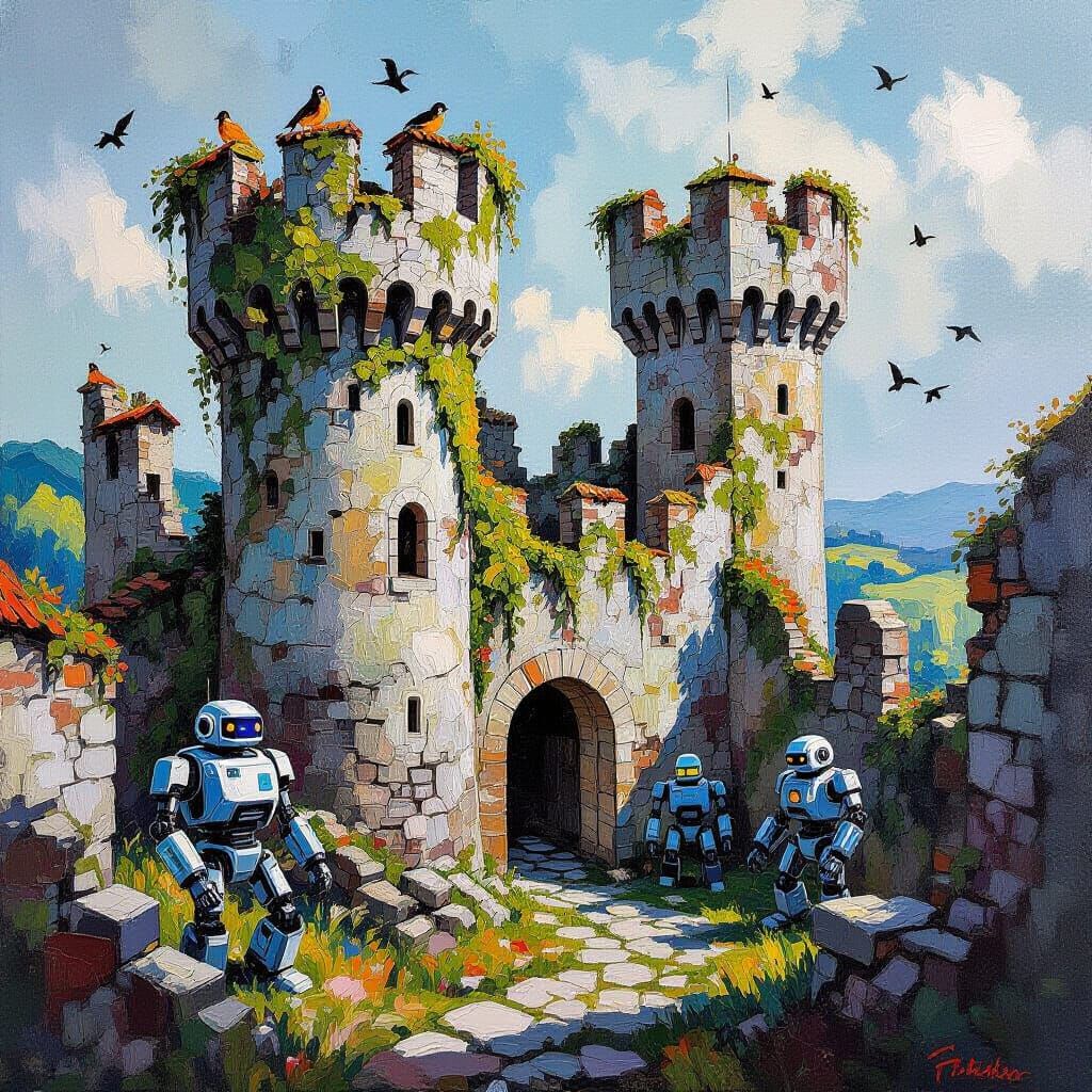 Robots Inhabit Neo-Impressionist Medieval Castle Ruins