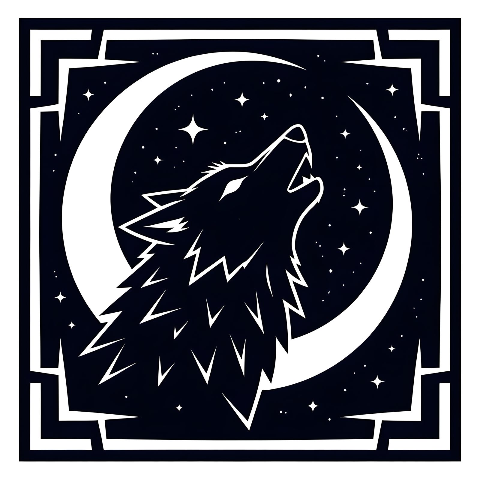 Geometric Wolf and Moon Symbol in Black and White