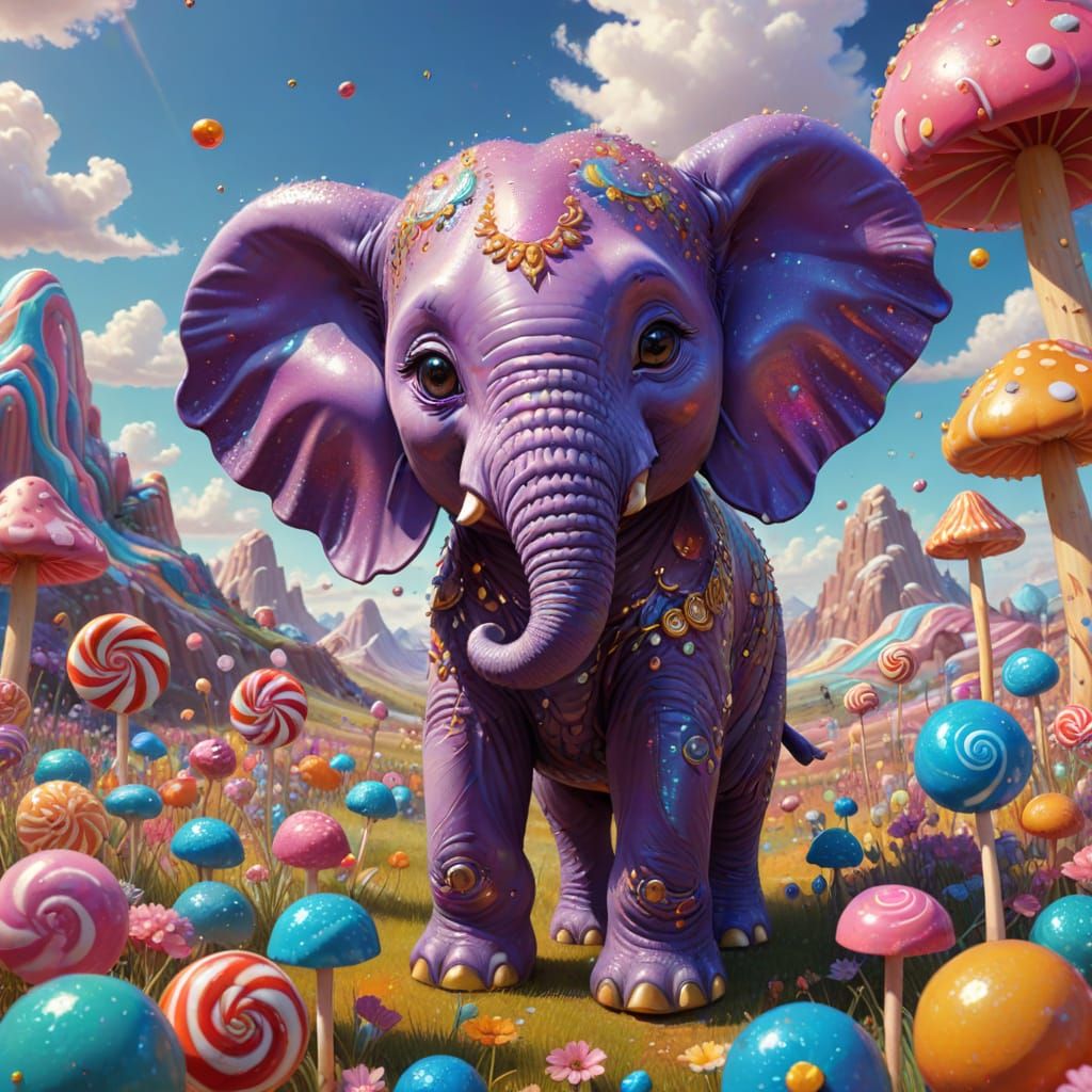 Psychedelic Chibi Elephant in Candyland, Digital Art