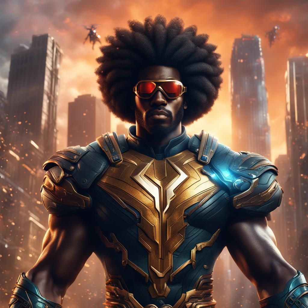 Black Superhero with Afro: Detailed Matte Painting