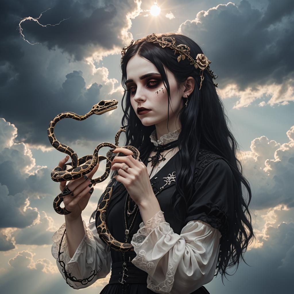Gothic Girl with Snake Skeleton in Divine Light