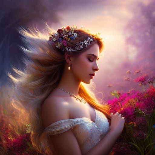 Graceful Woman in Flower Meadow: Hyperrealistic Concept Art