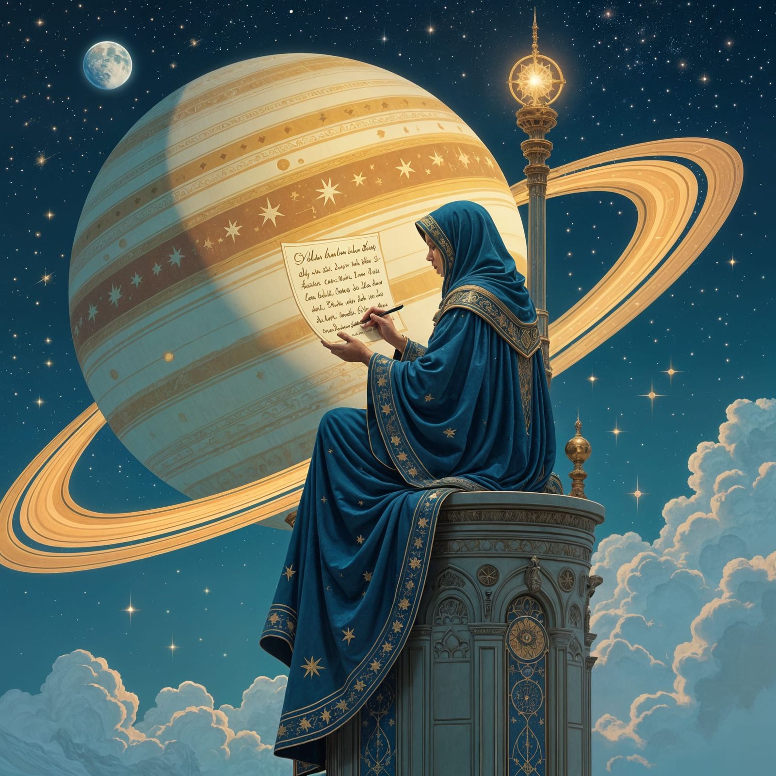 Celestial Calligrapher Inscribing Cosmic Poetry, Art Nouveau...