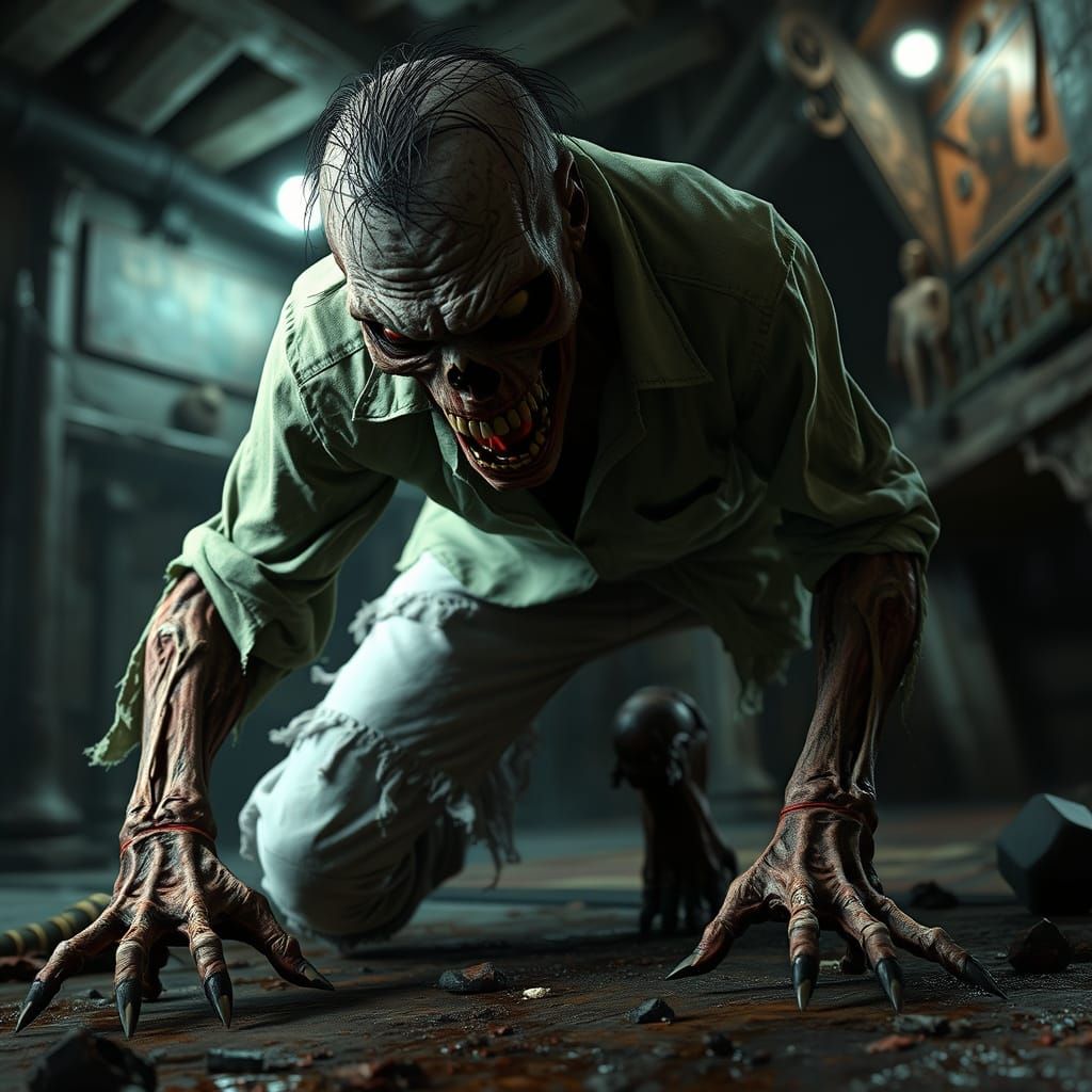 Menacing Zombie Crawls in Dimly Lit Tavern