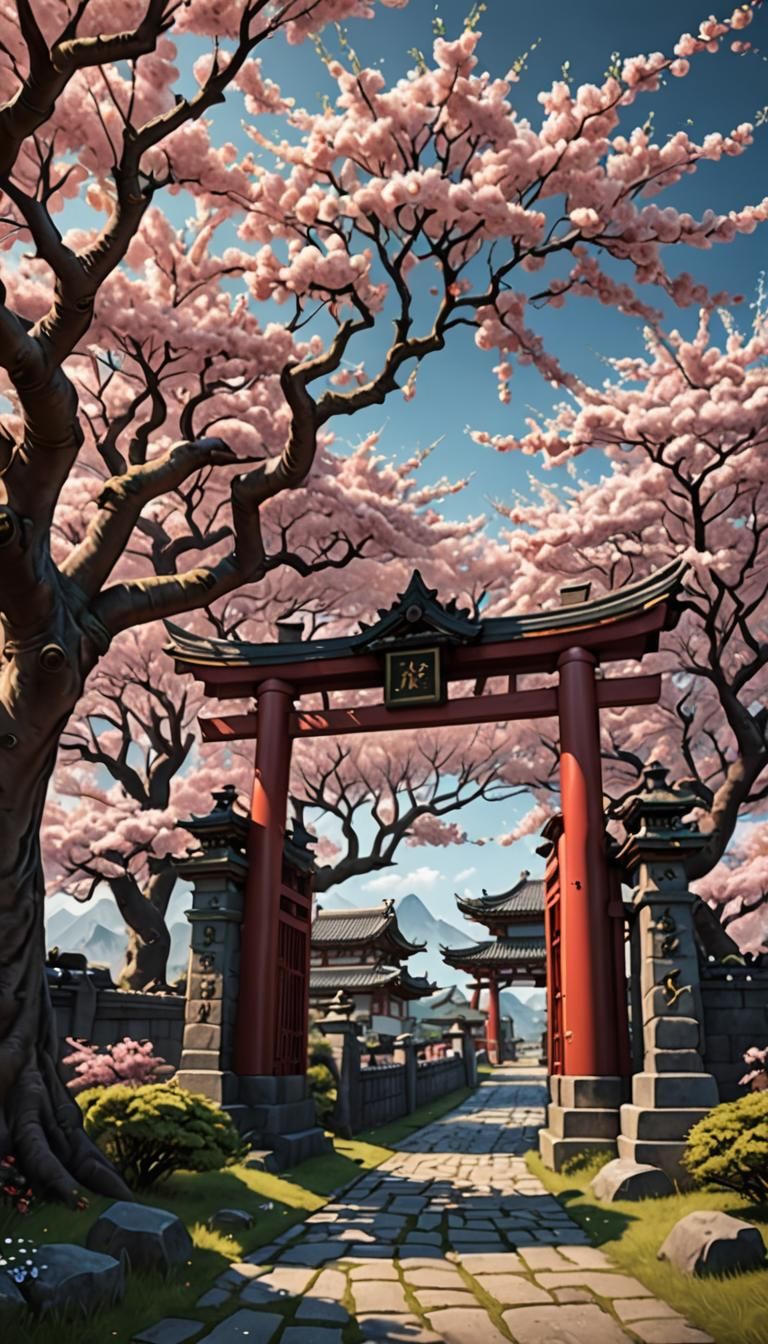 Fantasy Cherry Tree with Tori Gate in Realistic Style