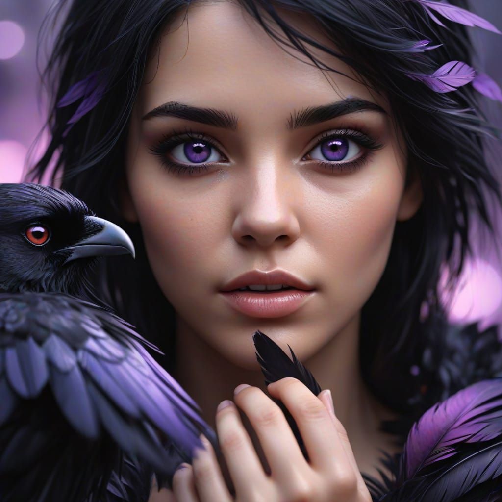 Woman Blowing Raven Feathers in Realistic Anime Style