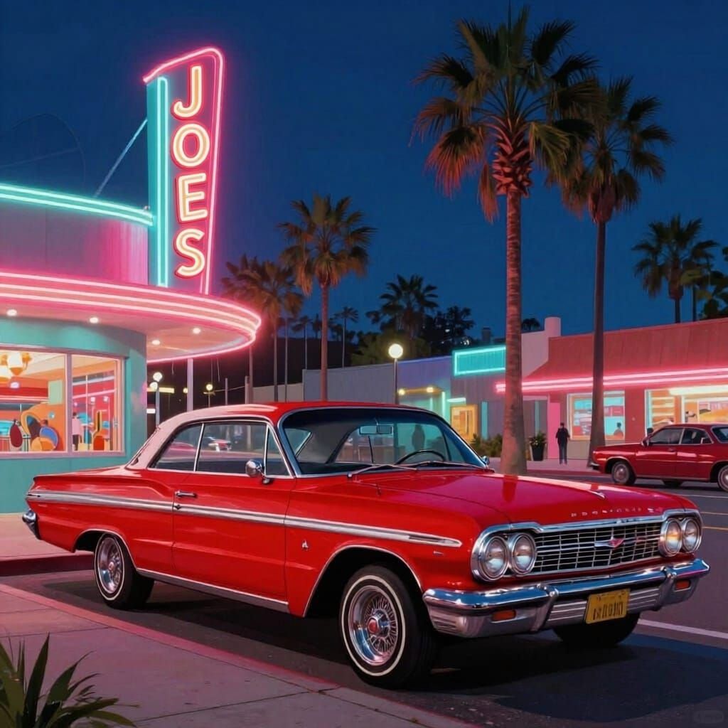 Classic Lowrider Amidst Neon Shops and Palm Trees