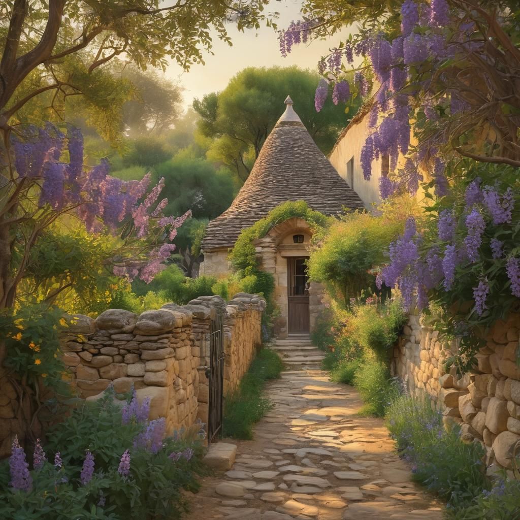 Impressionist Trullo with Wisteria and Olive Trees
