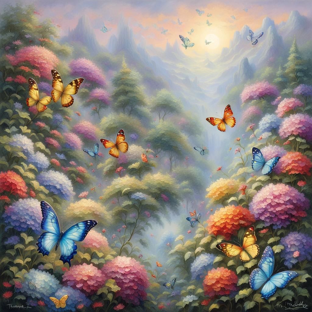 Stained Glass Butterflies and Flowers in Ethereal Style