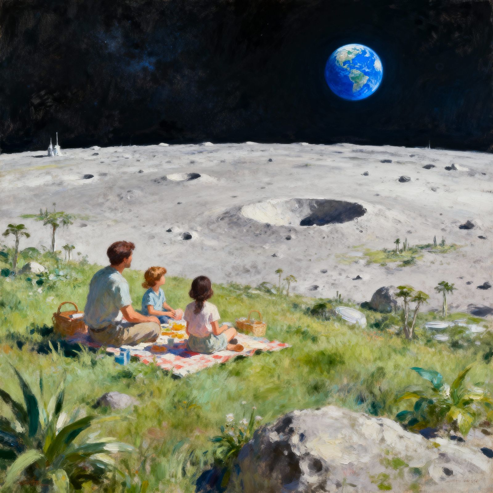 Family Picnic on Moon in 2050, Earth Visible